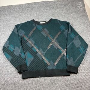Vintage JJ Cochran Sweater Mens XL Geometric Leather Trim Knit Teal Coogi